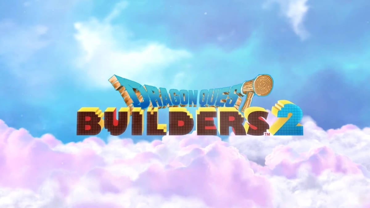 The logo for Dragon Quest Builders 2 amid some clouds