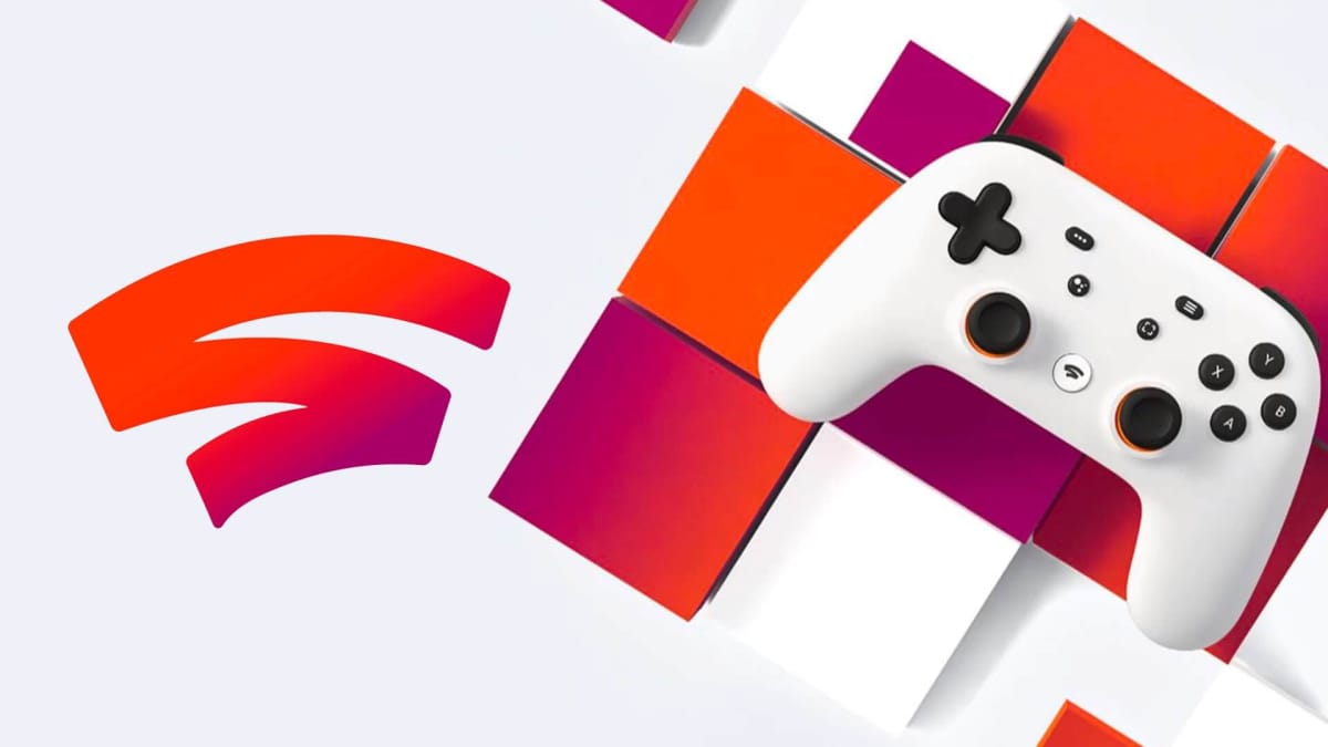The Google Stadia controller and promo art