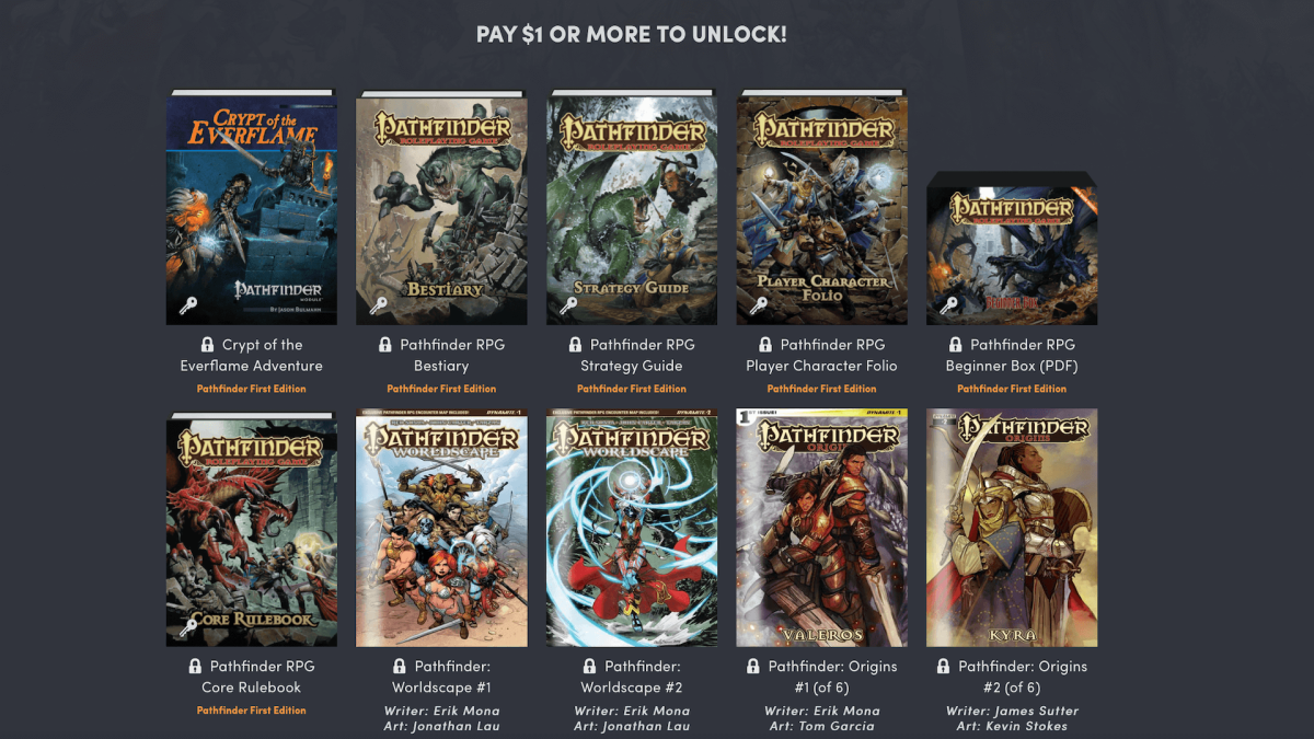 Some of the books offered by the Pathfinder RPG Humble Bundle.
