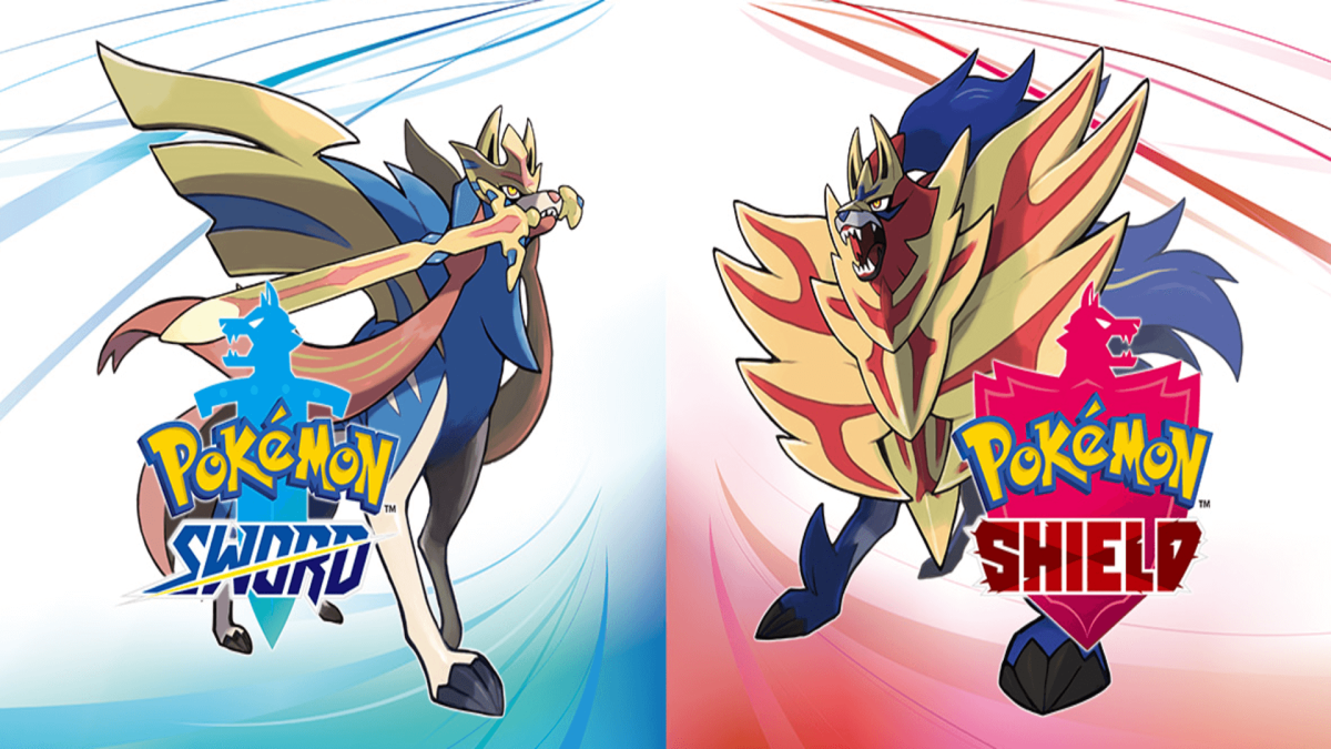 The logos for Pokemon Sword and Shield, and their respective legendary Pokemon.