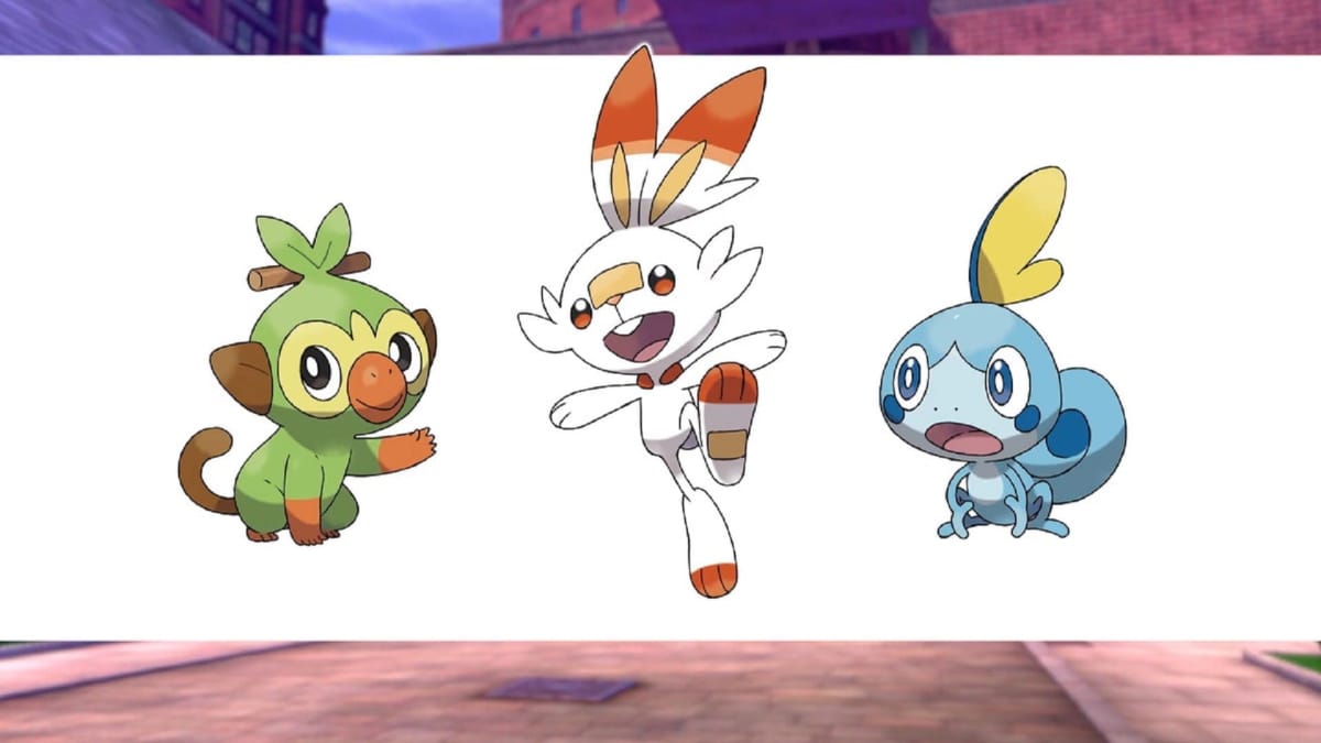 pokemon sword and shield screenshot showing the three starters from the game along a white backdrop. 