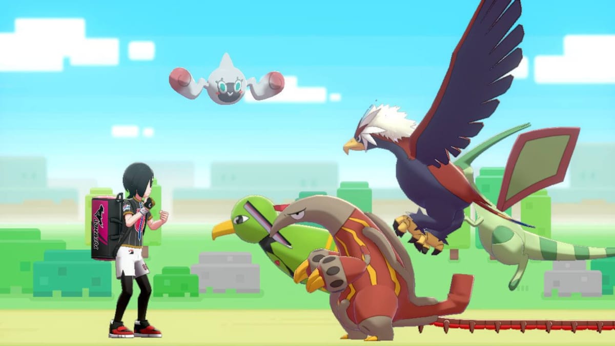 Pokemon Sword and Shield screenshot showing a trainer to the left with various pokemon to the right. 