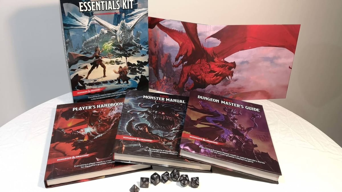photo showing several dungeons and dragons books sitting on a clean white table. 