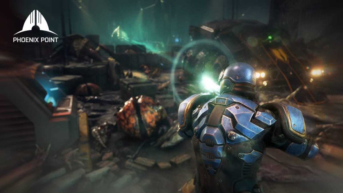 Phoenix Point screenshot showing the back of a soldier firing at some out-of-focus aliens off to the left of the screen