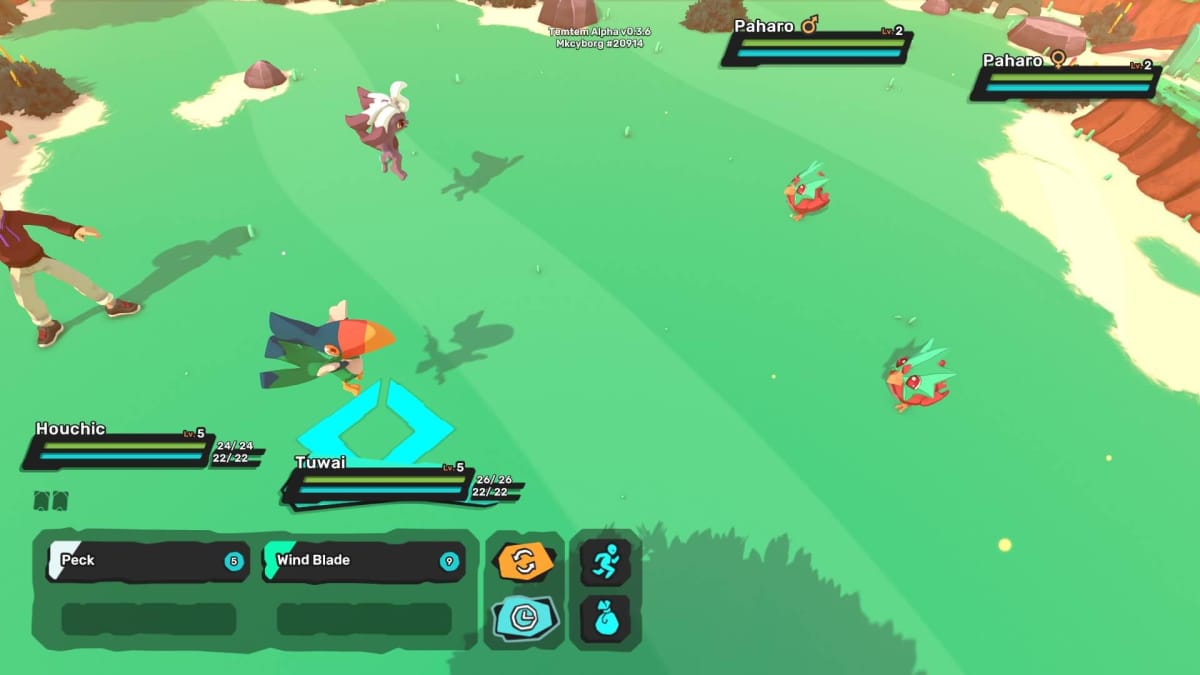 TemTem screenshot showing a grassy field with various different monsters facing off against each other. 