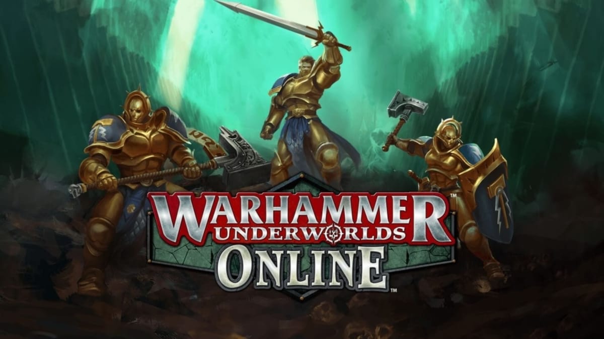 Warhammer Underworlds Online key artwork showing a grizzled cosmic fantasy character bursting from a crowd of enemies. 