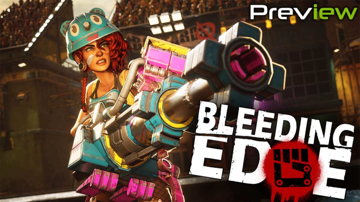 Bleeding Edge logo with Gizmo firing minigun