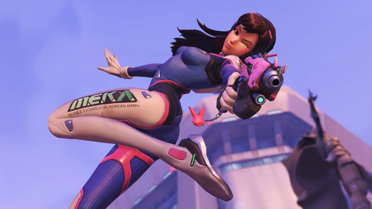 Overwatch screenshot showing D.VA doing a backflip with her gun pointed at the screen