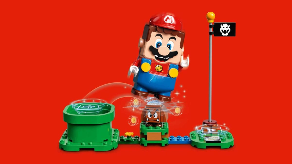 Lego Mario jumps on a Lego Goomba