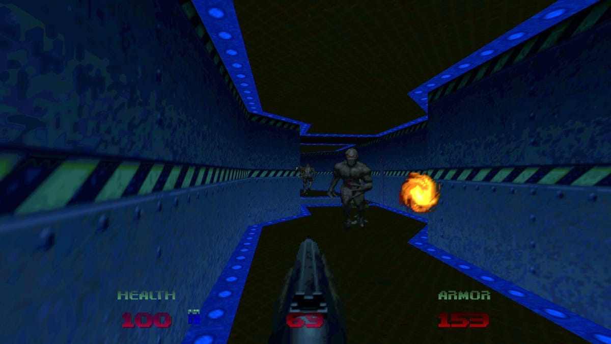 Doomguy facing down demons in Doom 64