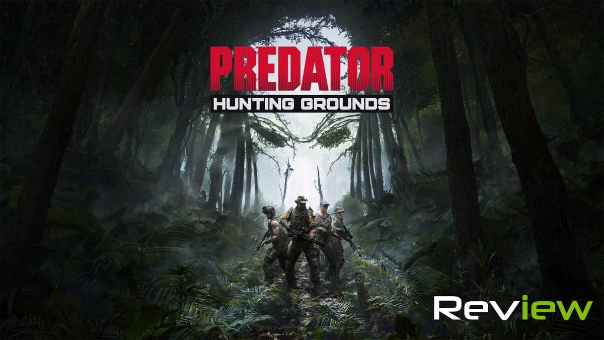 The title of the game, showing four soldiers in the jungle, and the Predator stalking them