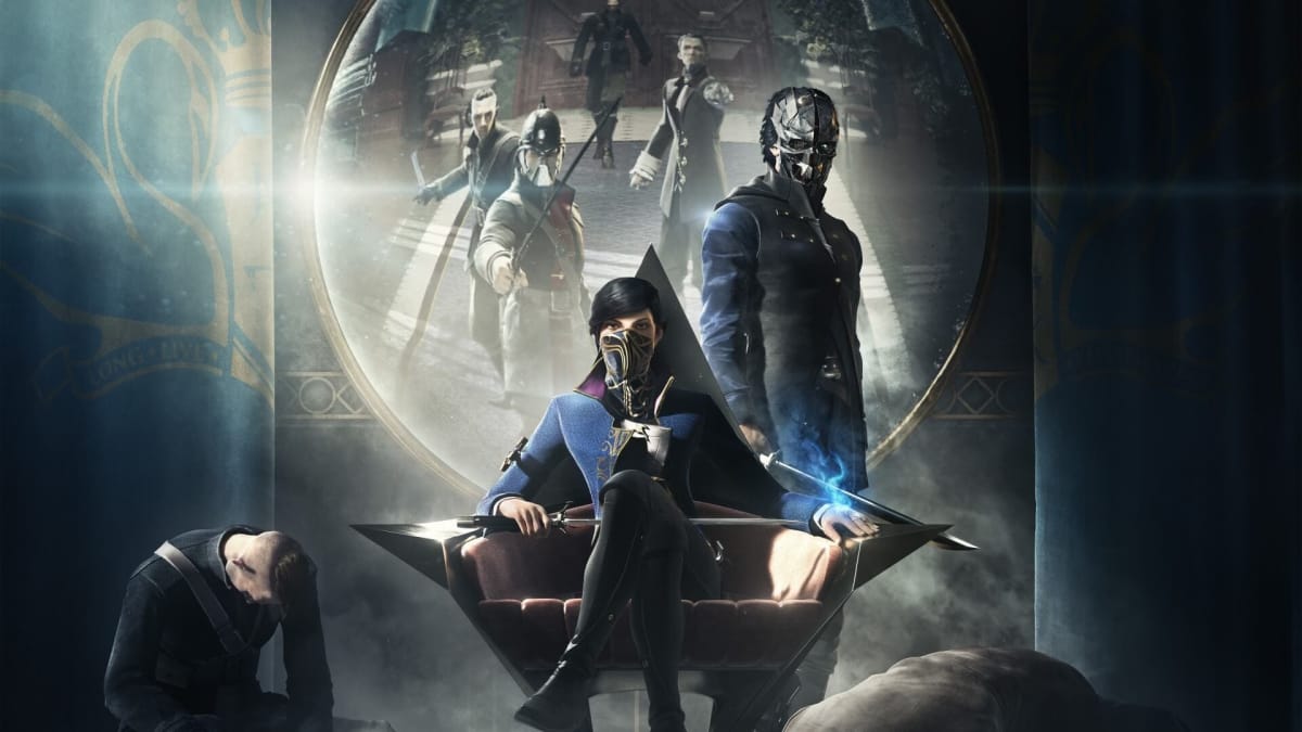 An image of Emily and Corvo sitting on a throne, observing menacing soldiers