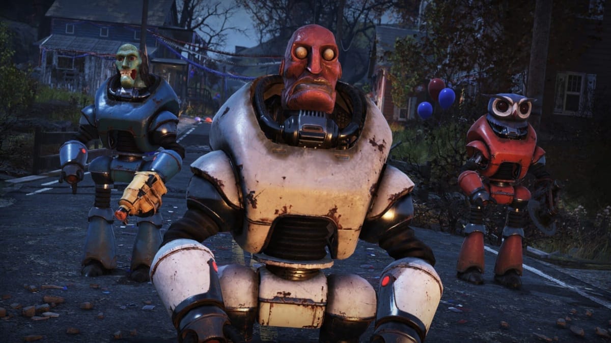 Some Protectrons in Fallout 76's Fasnacht Parade event