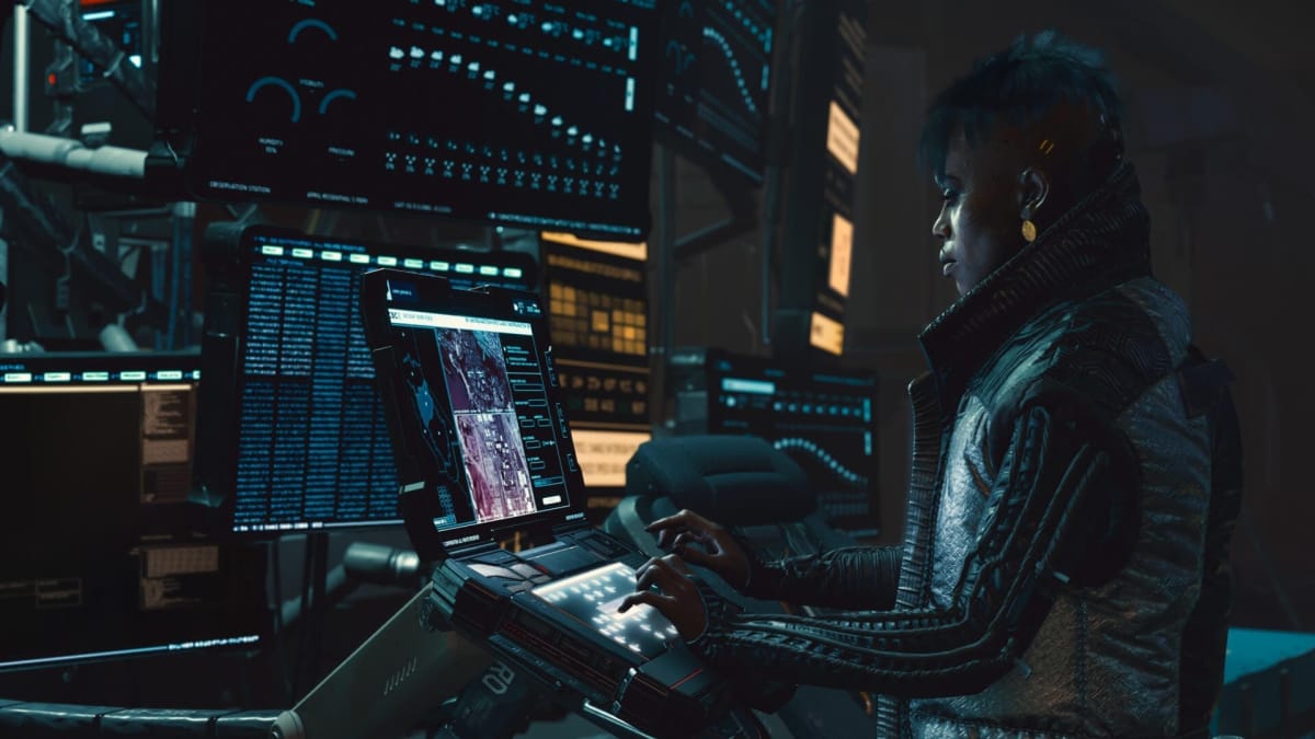 A shot of a hacker in Cyberpunk 2077