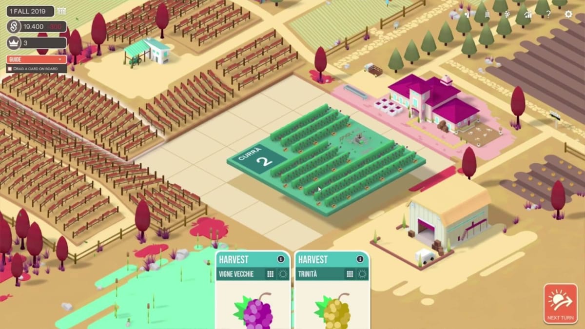 Several squares of grapevines being arranged by the player on a grid