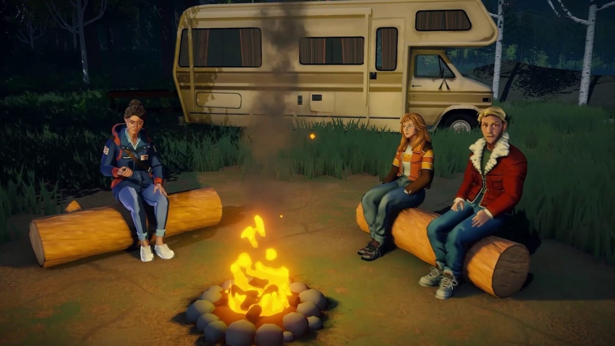 a mailperson and two friends around a campfire with an RV in the back