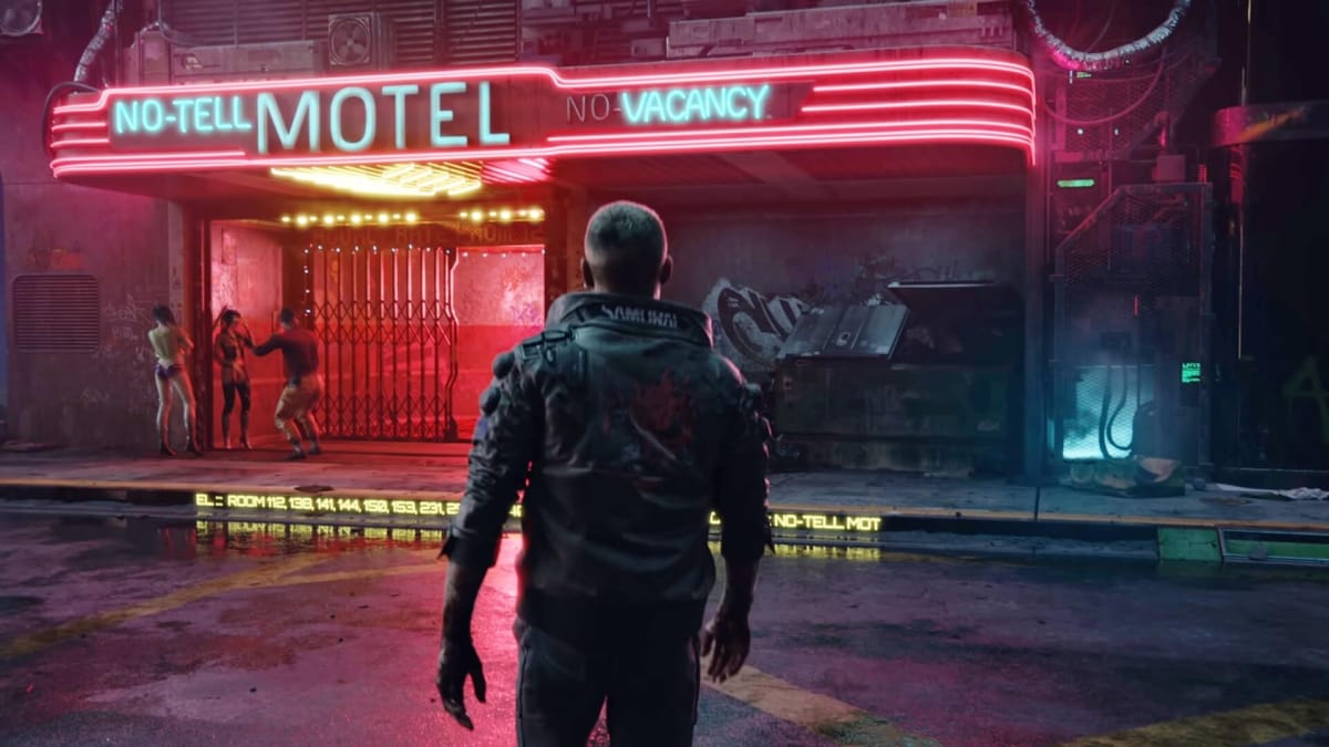 A moody shot of a motel in Cyberpunk 2077