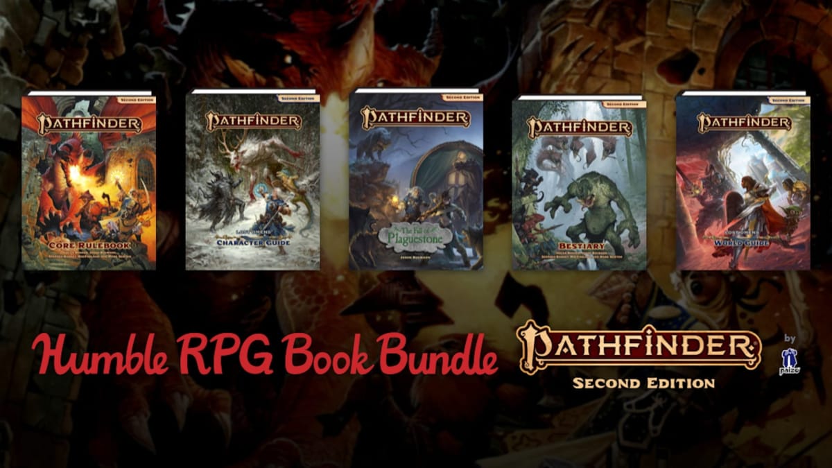 A preview of the books in the Humble Pathfinder Second Edition Bundle