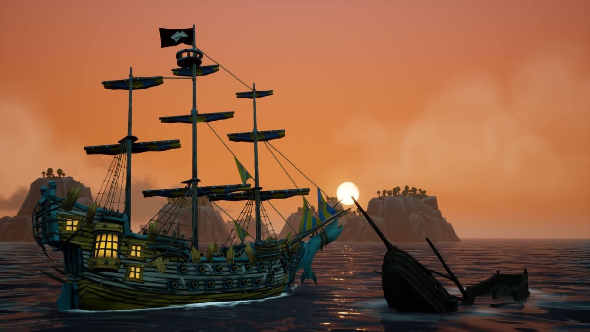 A pirate ship sailing against a sunset in King of Seas