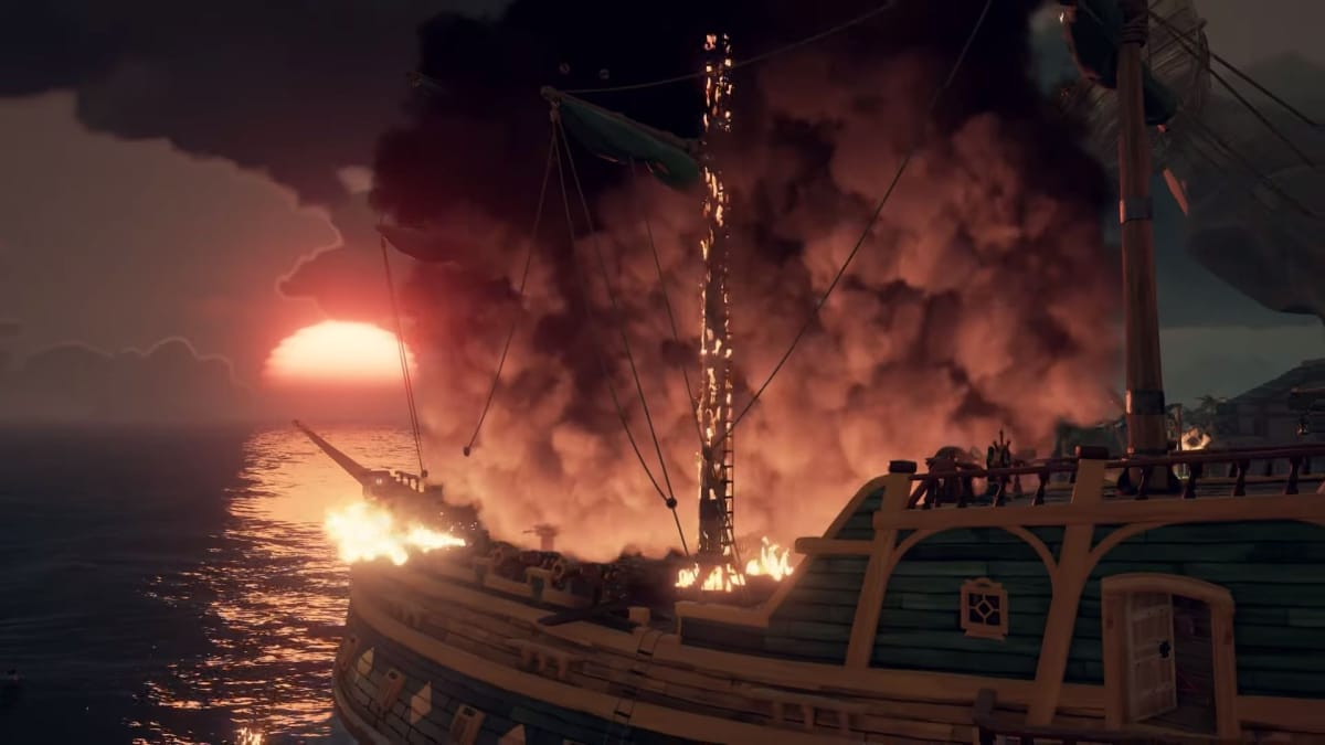 A ship on fire in Sea of Thieves' Ashen Winds update