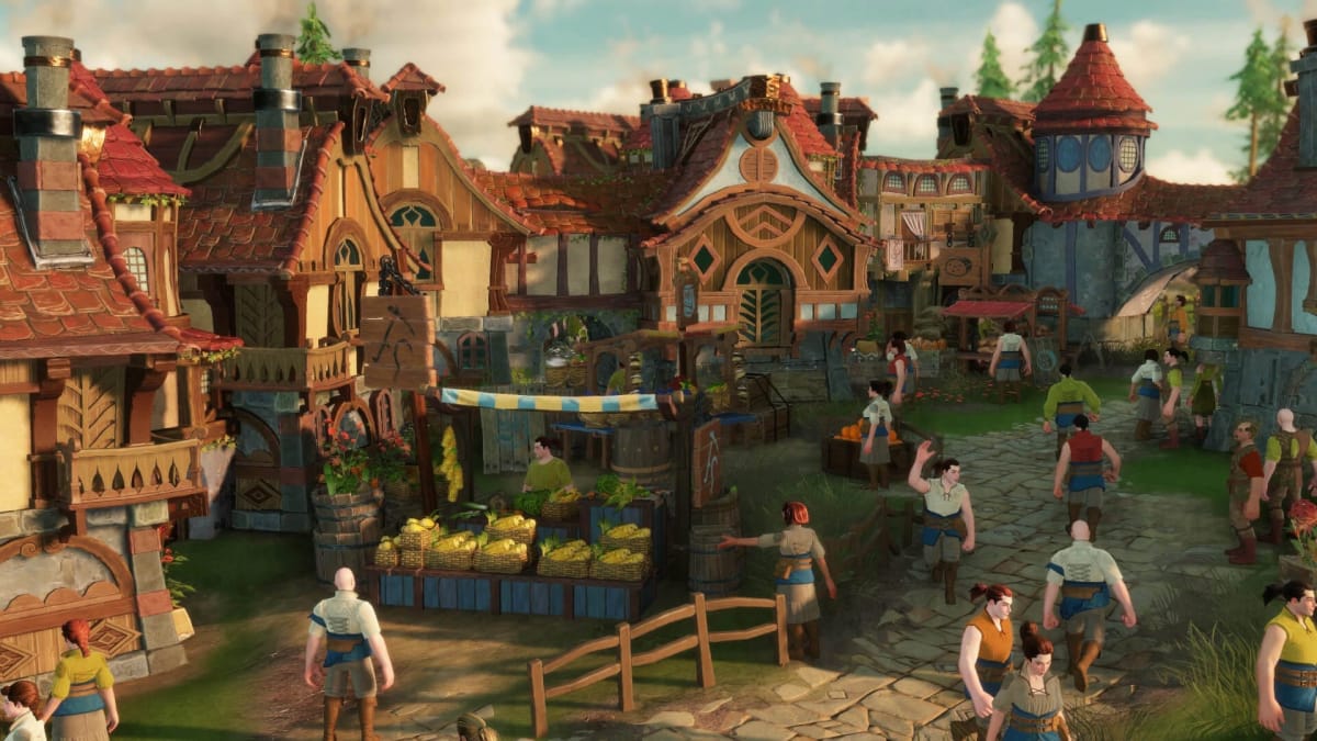A bustling town scene in The Settlers