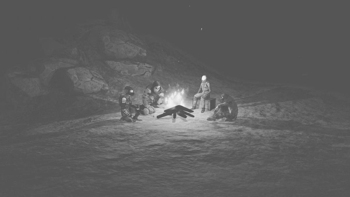 The main four characters huddled around a campfire in Cendres: A Survival Journey