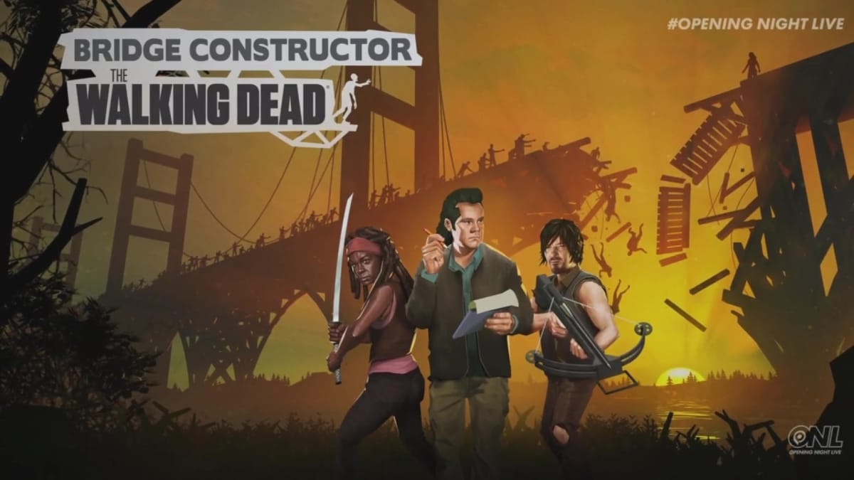 A group of survivors in front of a bridge falling apart, zombies are around.