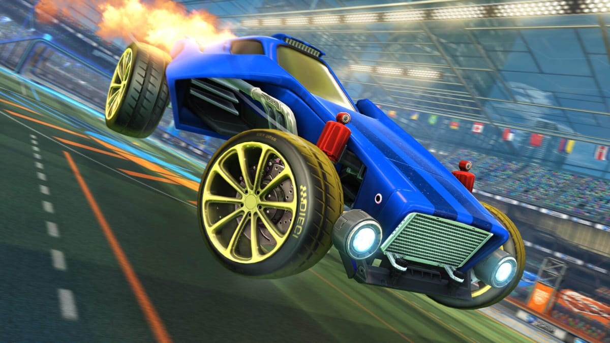 A car leaping into action in Rocket League