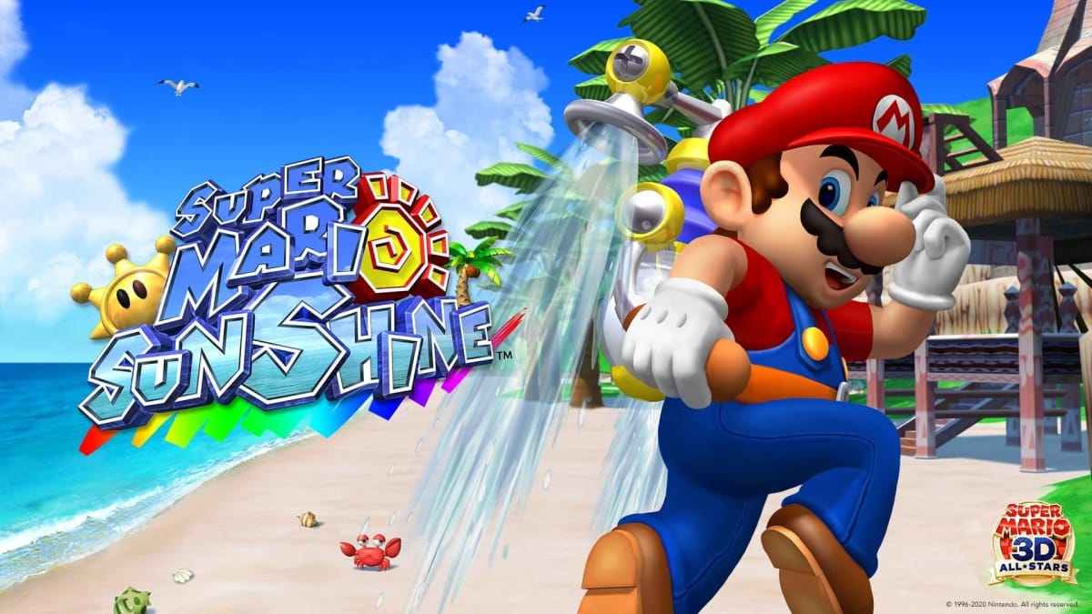 Mario jumping across a tropical beach with a jet of water firing from his back.