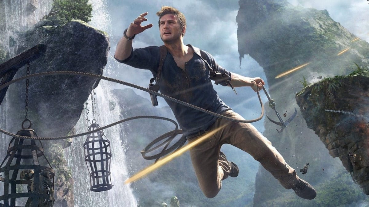 Uncharted's Nathan Drake mid-leap