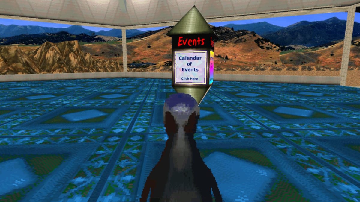 A penguin explores a 3D world in Worlds Chat