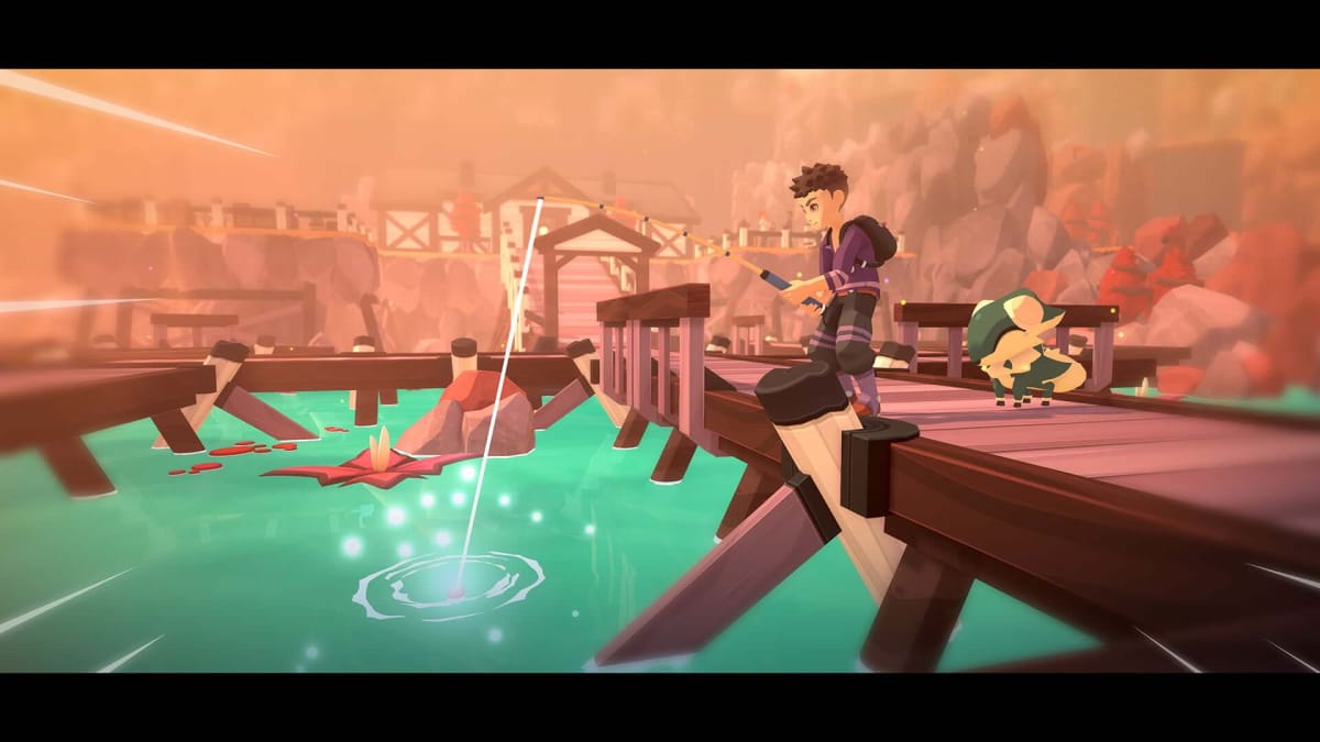 A player fishing peacefully in Temtem
