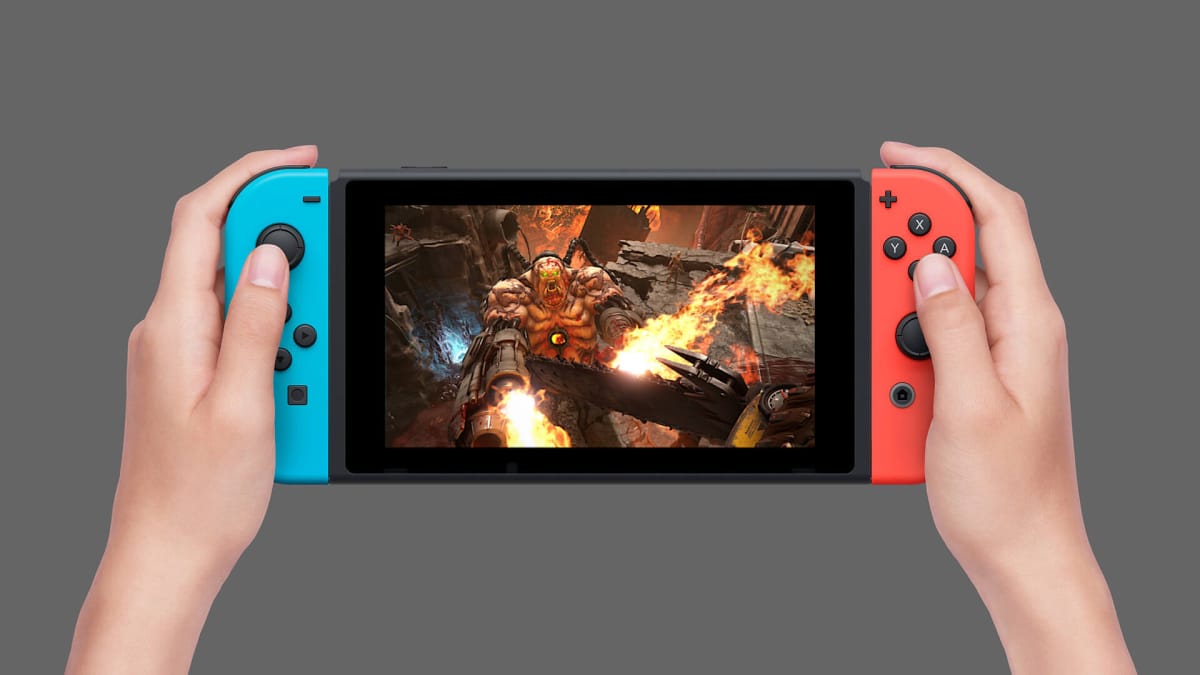 A shot of Doom Eternal superimposed onto a Nintendo Switch