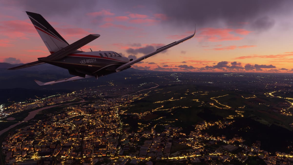 A plane flying at dusk in MIcrosoft Flight Simulator