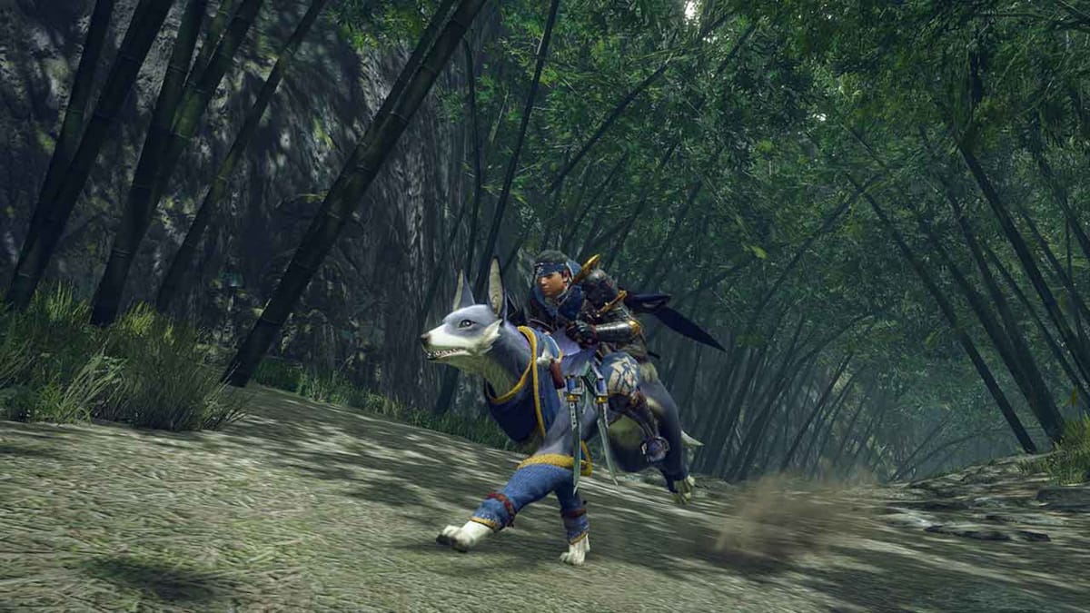A shot of the main character riding his dog companion in Monster Hunter Rise
