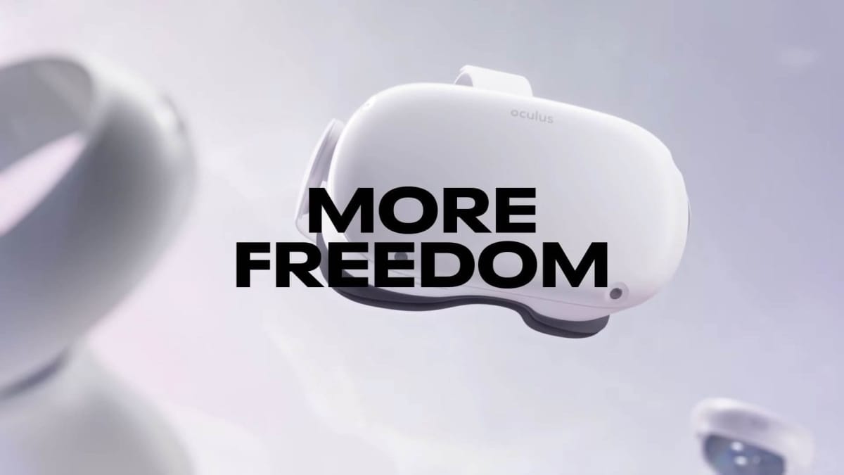 "More Freedom" copy displayed across an image of Facebook's Oculus Quest 2