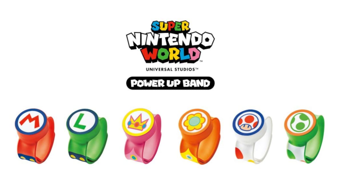 Six of the Power-Up Bands that will be used in Nintendo's new Super Nintendo World theme park