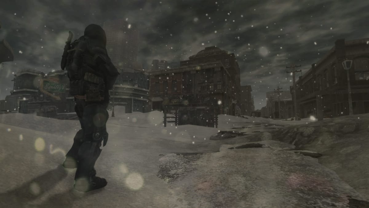 A snowy post-apocalyptic city from Fallout: The Frontier.