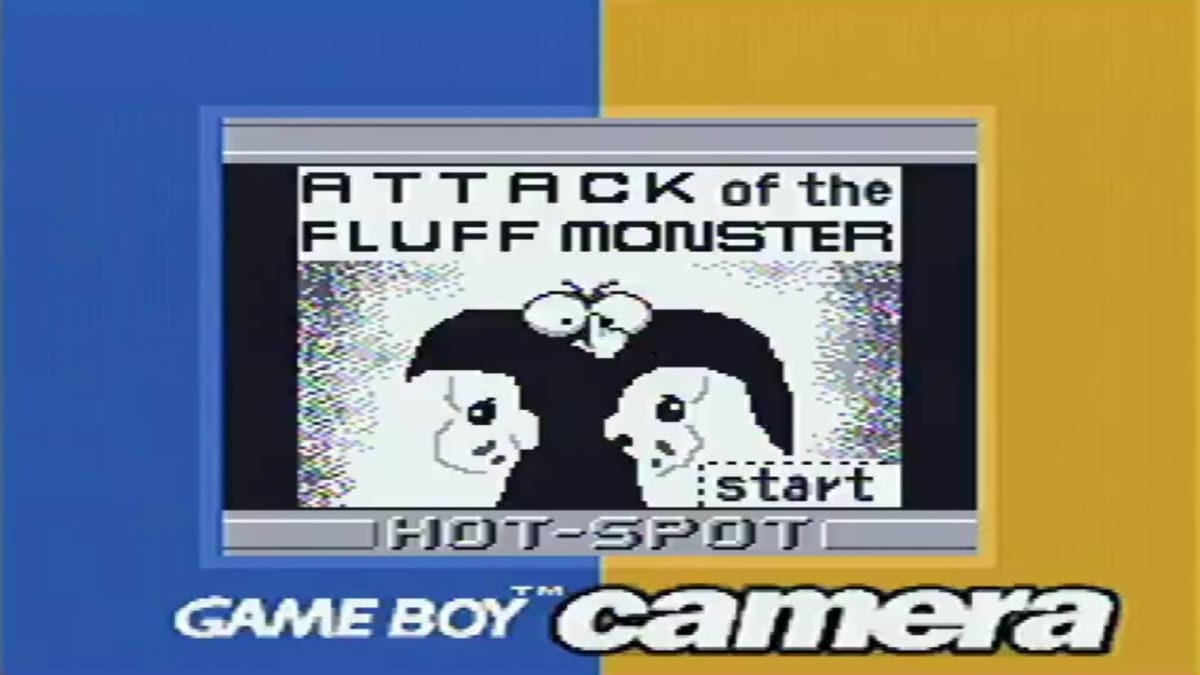 The title screen for Attack of the Fluff Monster, a game made on the Game Boy Camera.