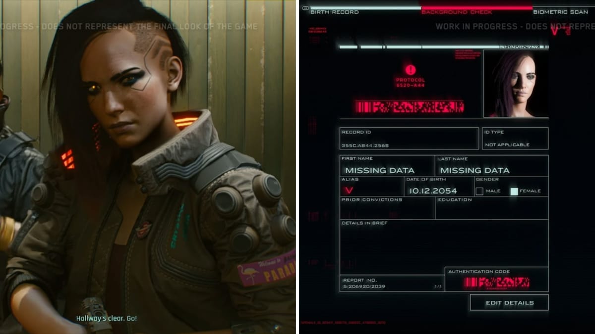 Left: V in the E3 2018 Cyberpunk 2077 demo. Right: The original character creation screen from the same demo, showing many more roleplaying options