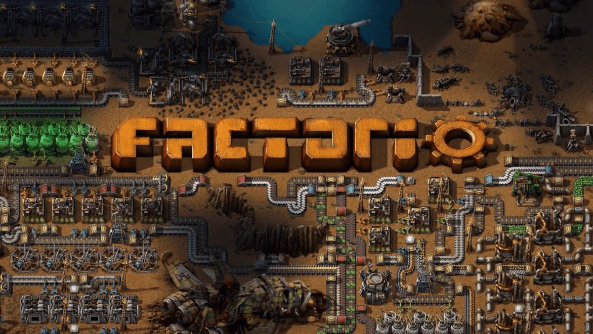 The Factorio logo against a factory in the game