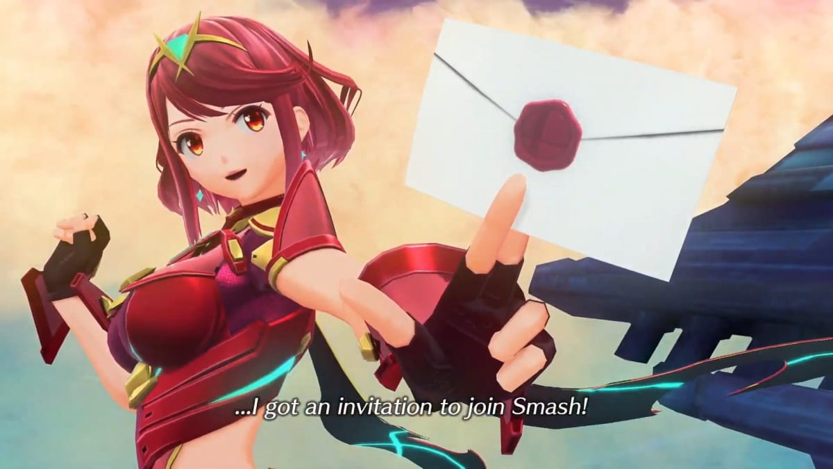 The redheaded Pyra holding an invitation to Smash Bros.