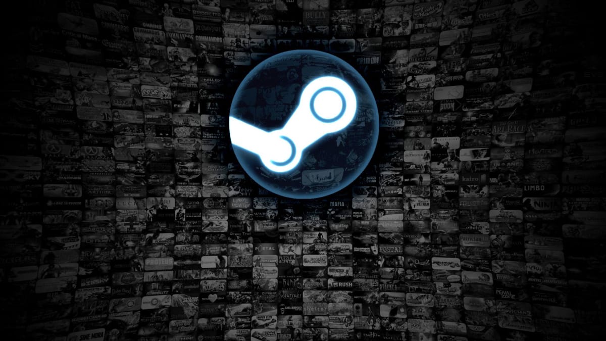 The Steam logo against a backdrop of games available on the platform