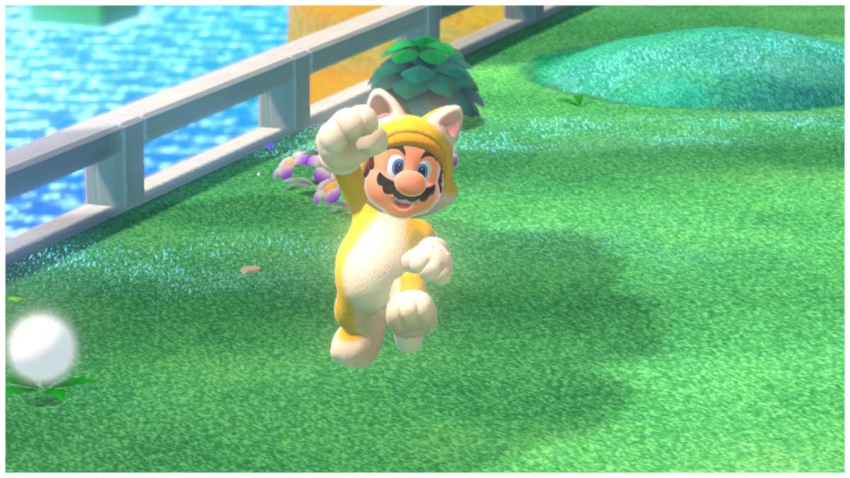 Mario in a cat suit jumping with joy