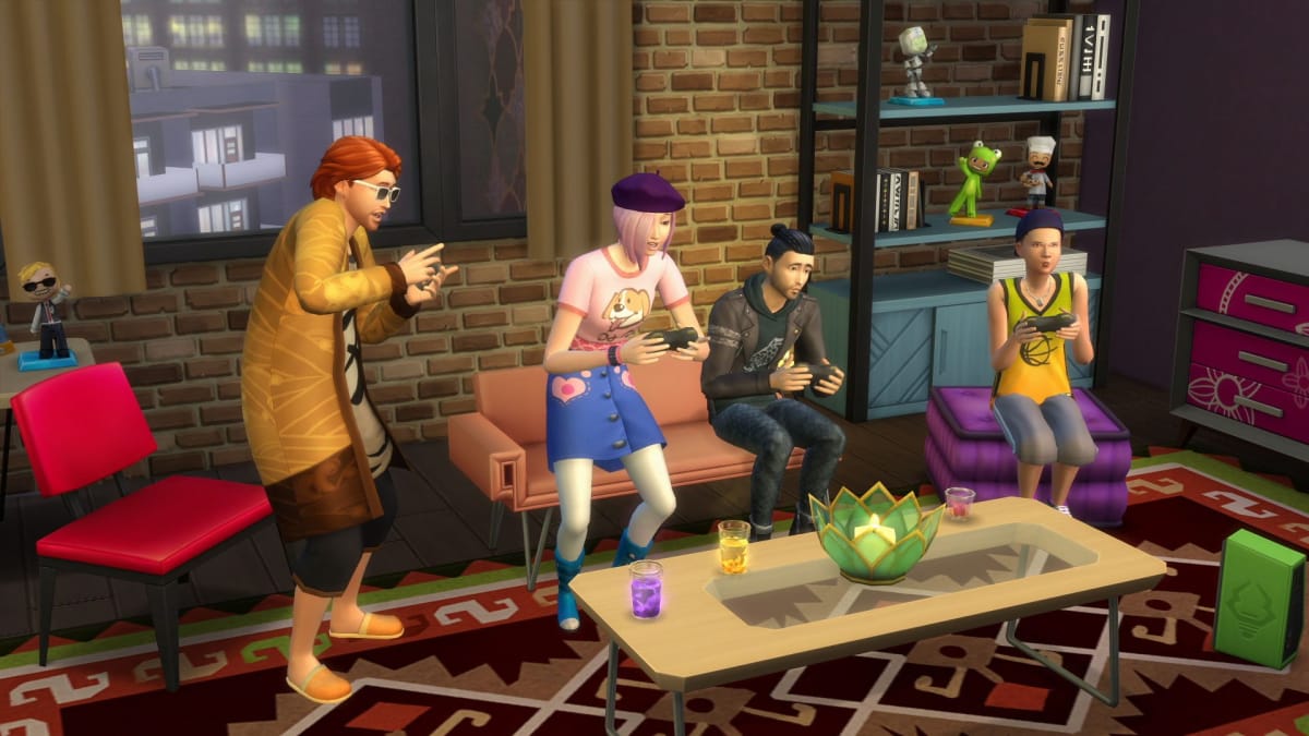 four Sims playing a game on a tv