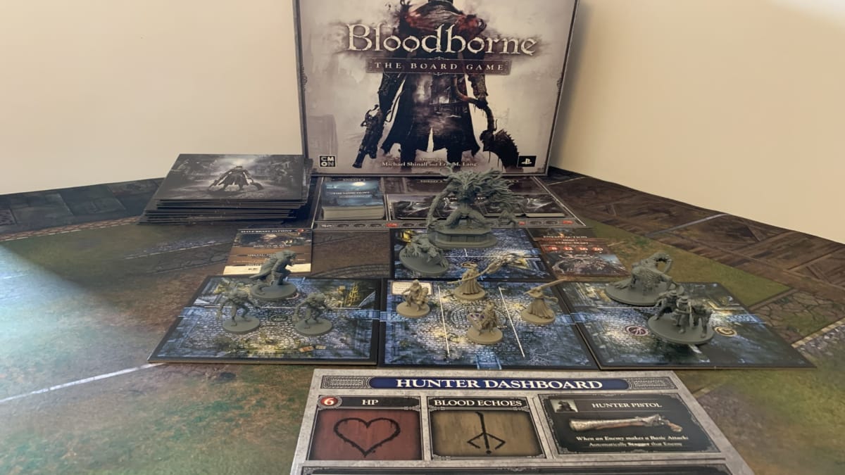 An image of the Bloodborne board game with pieces laid out