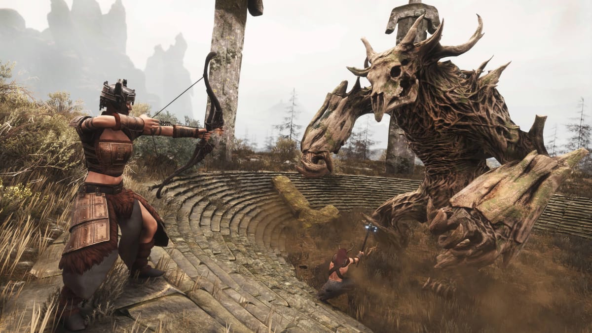 A player aiming a bow at an enemy in Conan Exiles