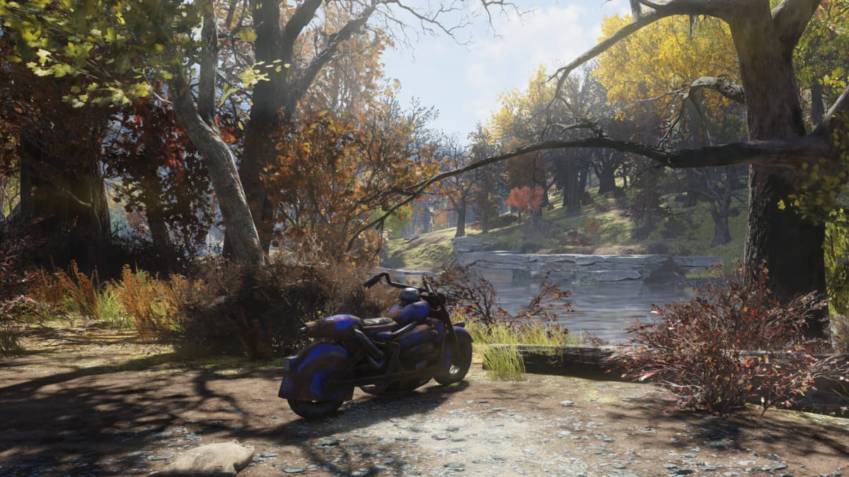 A lone motorcycle in Fallout 76's West Virginia