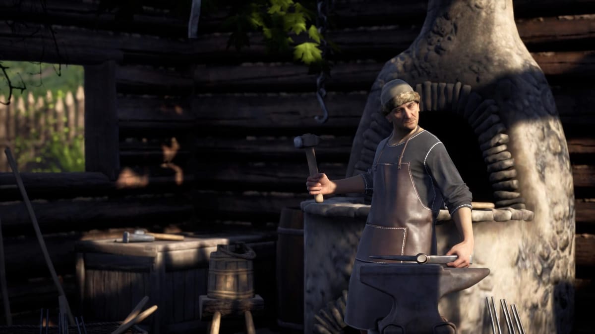 A blacksmith plying his trade in Medieval Dynasty