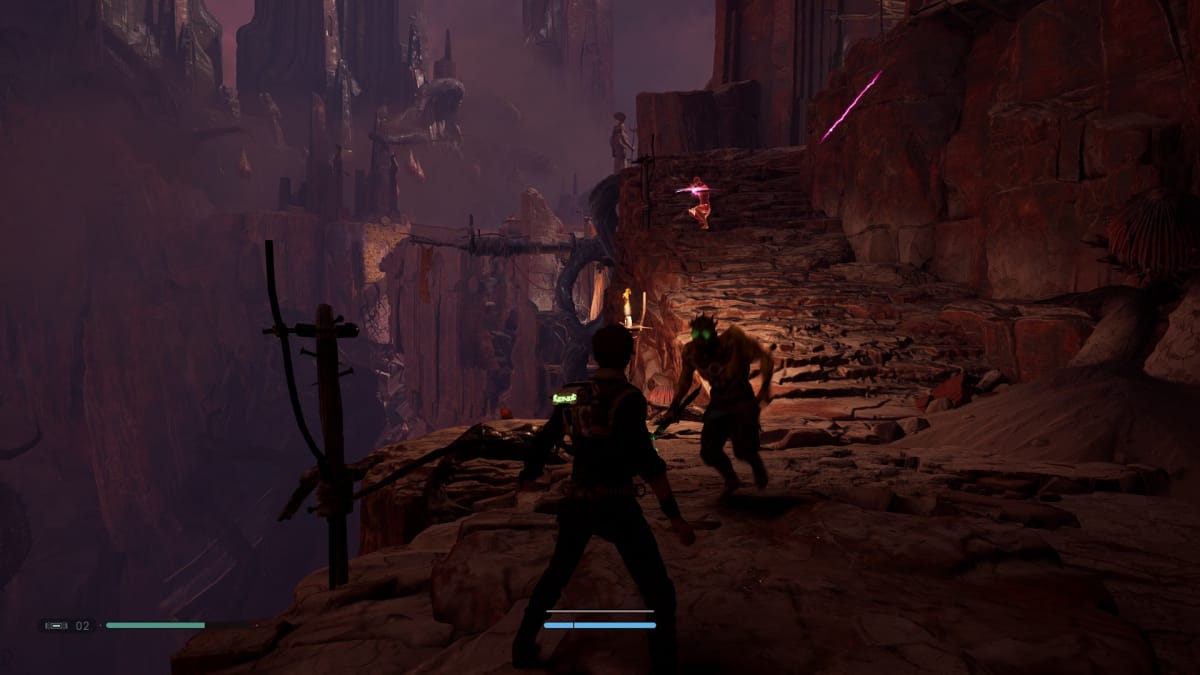The player character in Star Wars Jedi Fallen Order onlooking enemies by a set of stairs